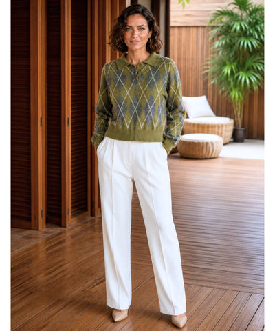 Comprar suéter feminino tricot gola polo estampa losango manga longa fio efeito mohair inverno barata em promoção ANELLIMN