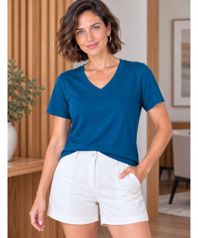 Comprar t shirt feminina gola V de algodão azul petróleo em promoção Anellimn