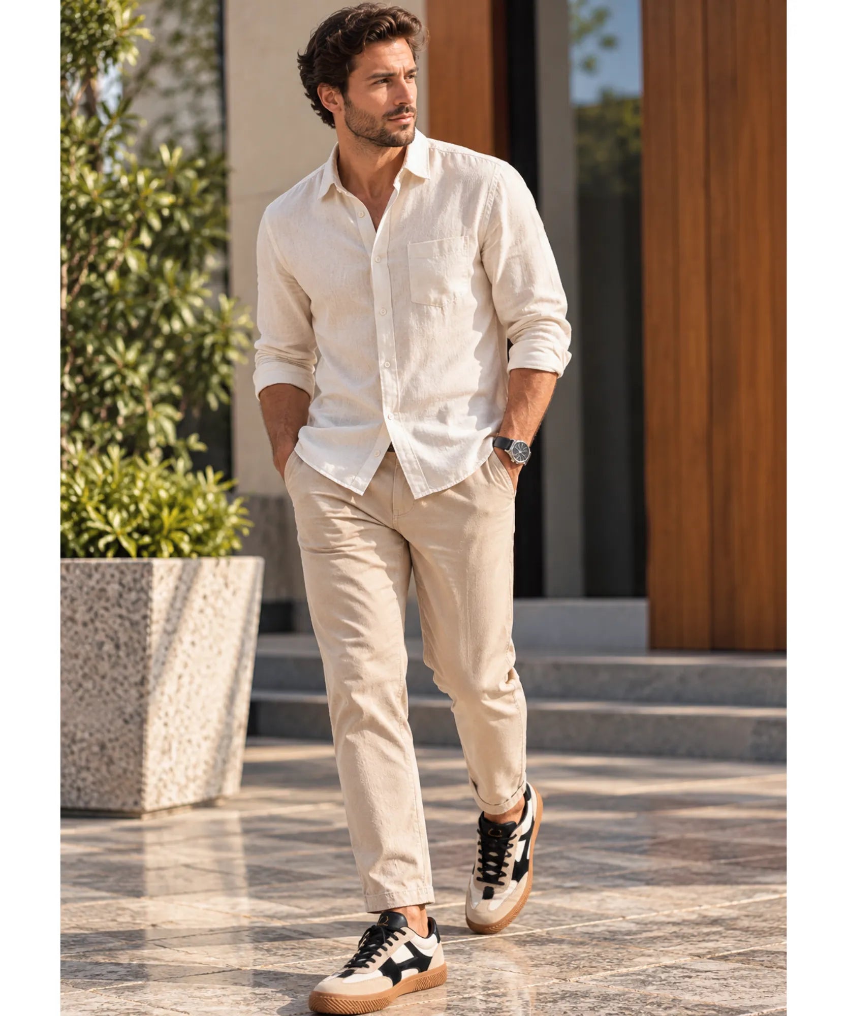 Comprar tênis retrô masculino casual look completo bege em promoção Anellimn