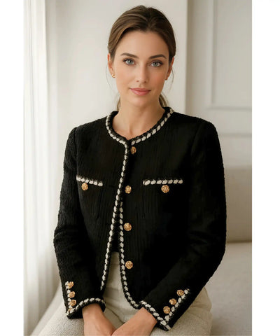 Comprar terninho feminino alfaiataria preto tweed botões dourados elegante trabalho escritório barato promoção ZARA
