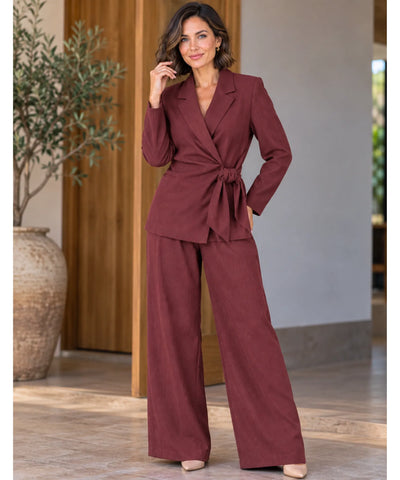 Comprar terninho feminino blazer transpassado e calça pantalona marrom barato Anellimn