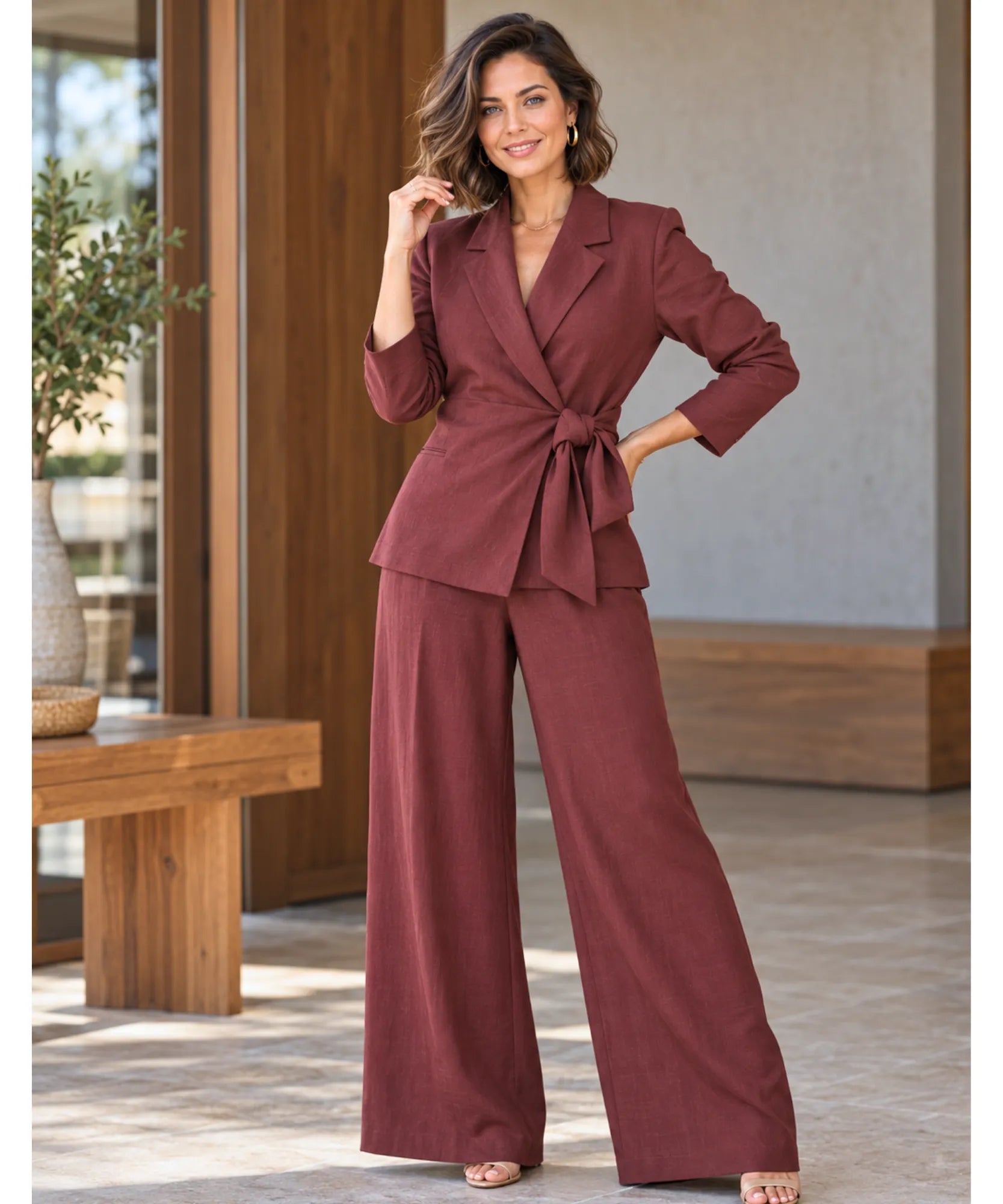 Terninho feminino marrom com blazer amarrado na cintura e calça pantalona, vista de frente