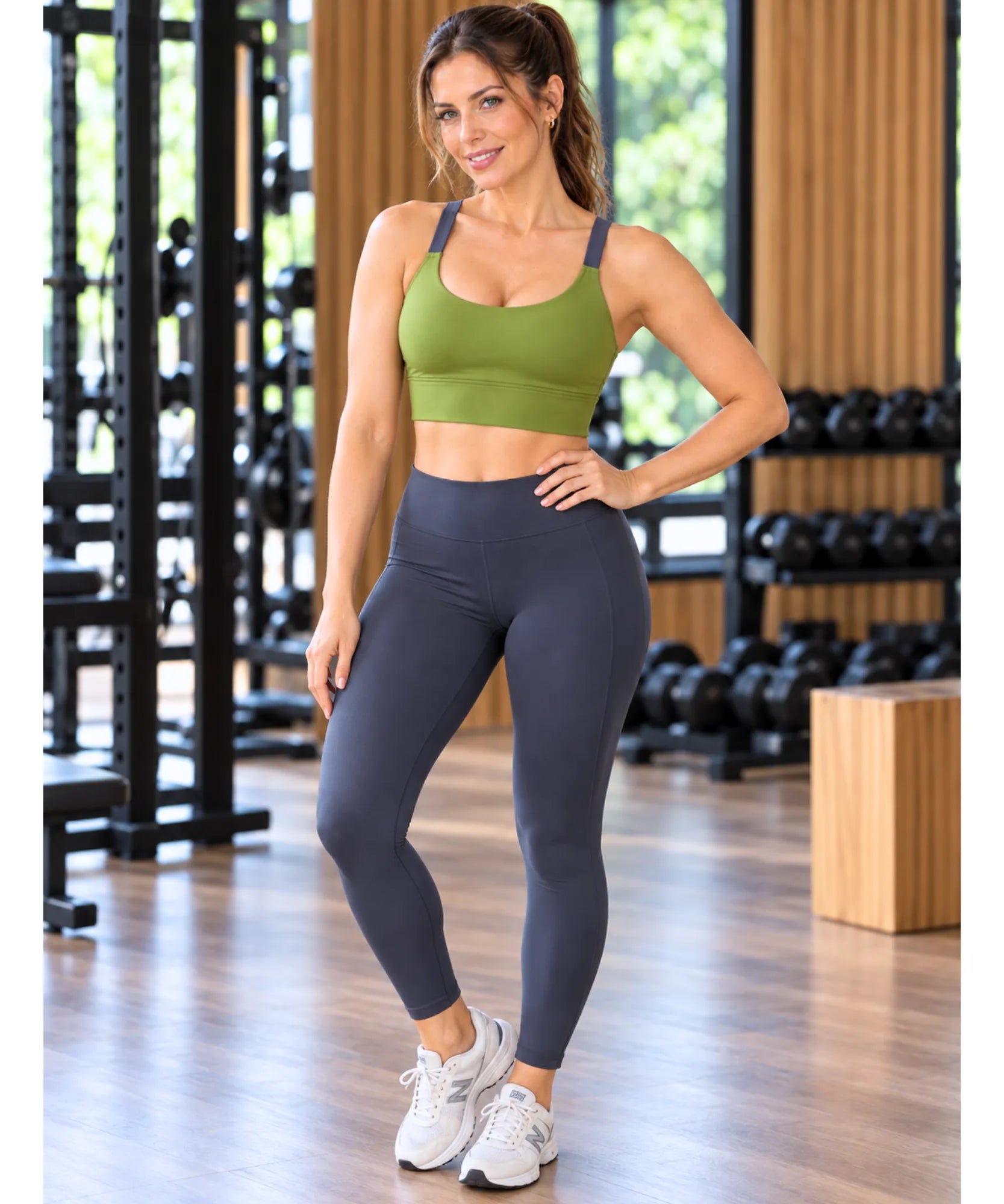 Comprar top com bojo removível verde militar look de academia barato Anellimn
