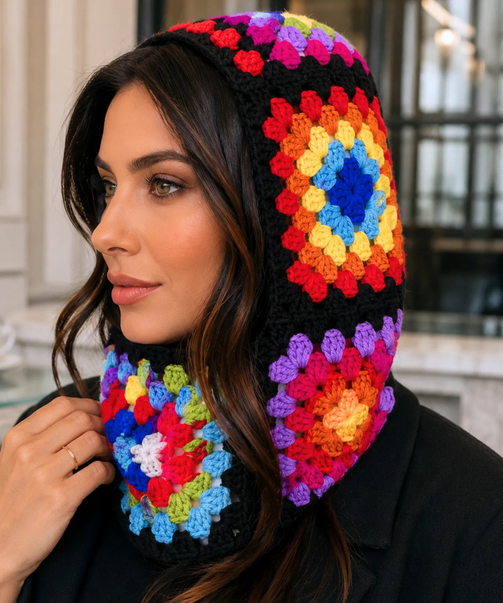 Comprar touca de crochê balaclava cobre pescoço fio espesso padrão floral fashion inverno promoção ANELLIMN 