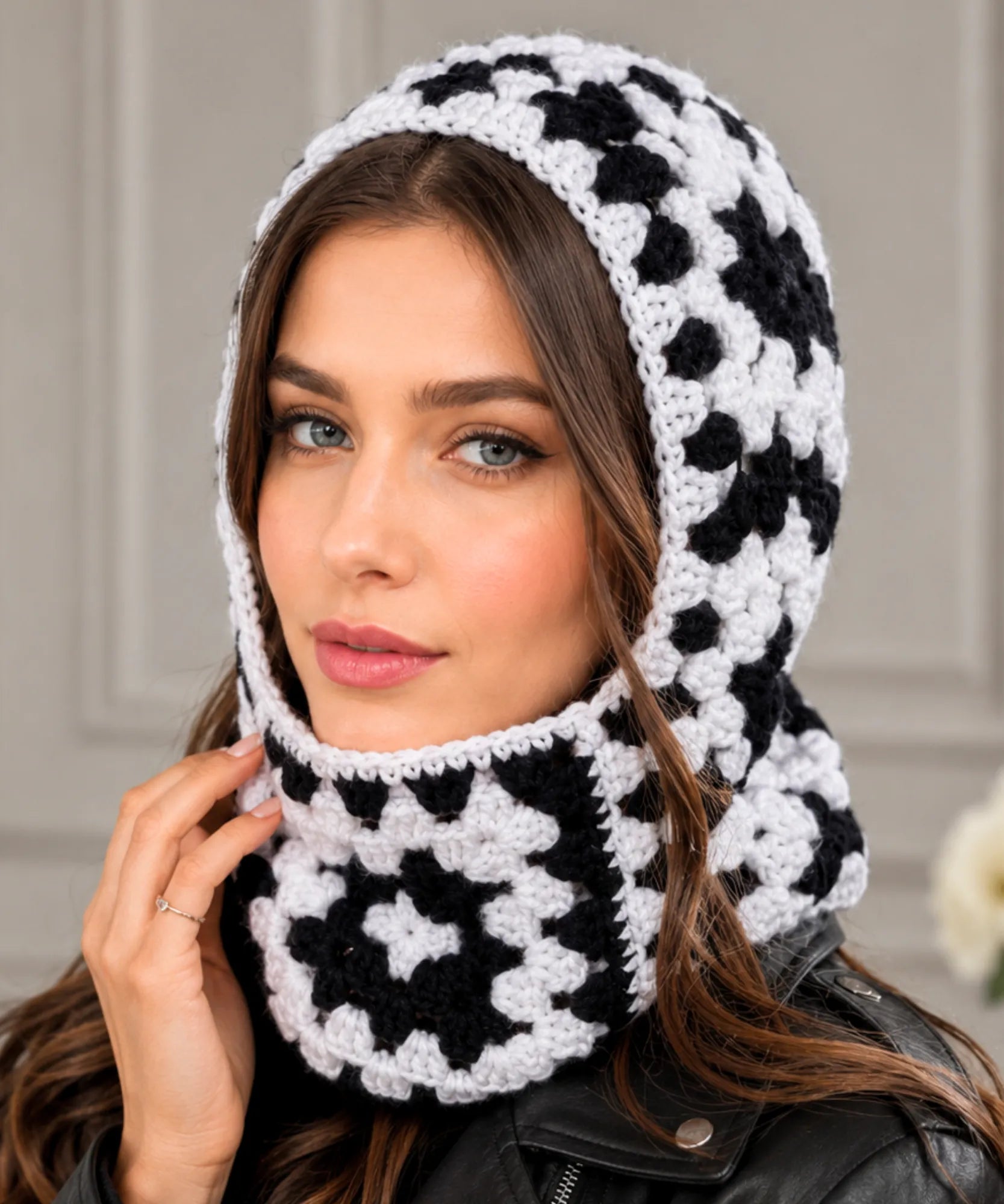 Comprar touca de crochê balaclava cobre pescoço fio espesso padrão floral fashion inverno promoção ANELLIMN 