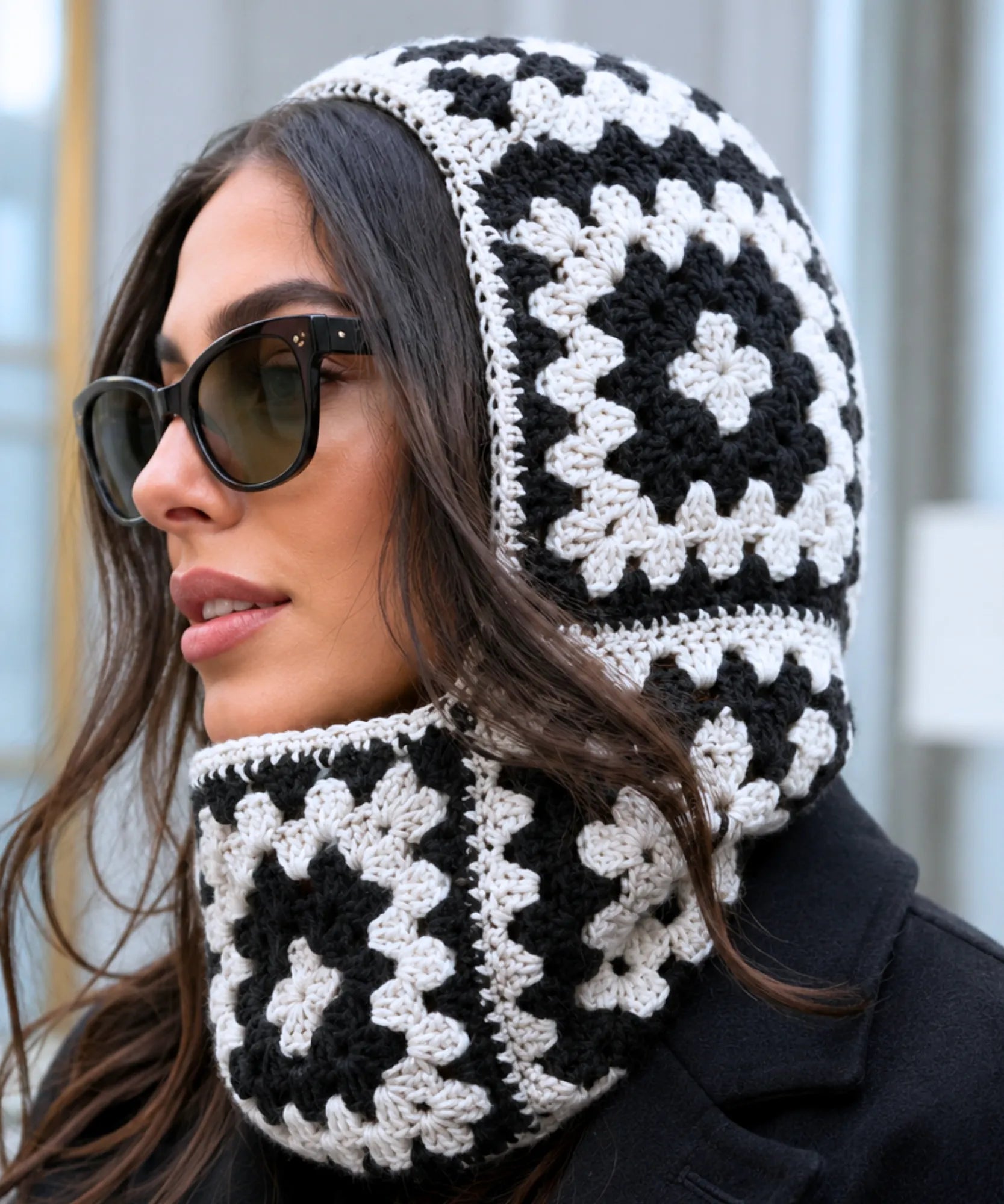 Comprar touca de crochê balaclava cobre pescoço fio espesso padrão floral fashion inverno promoção ANELLIMN 