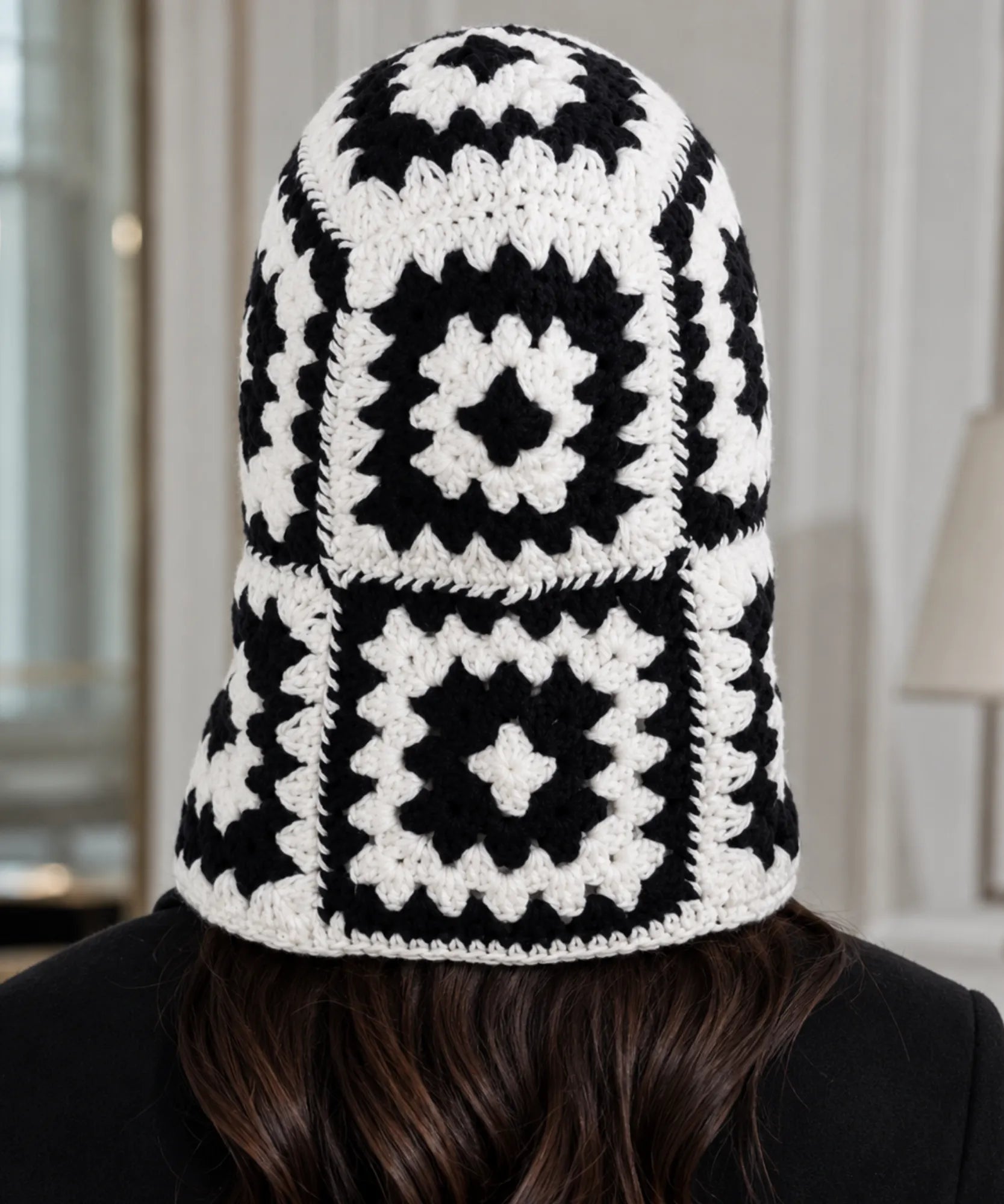 Comprar touca de crochê balaclava cobre pescoço fio espesso padrão floral fashion inverno promoção ANELLIMN 