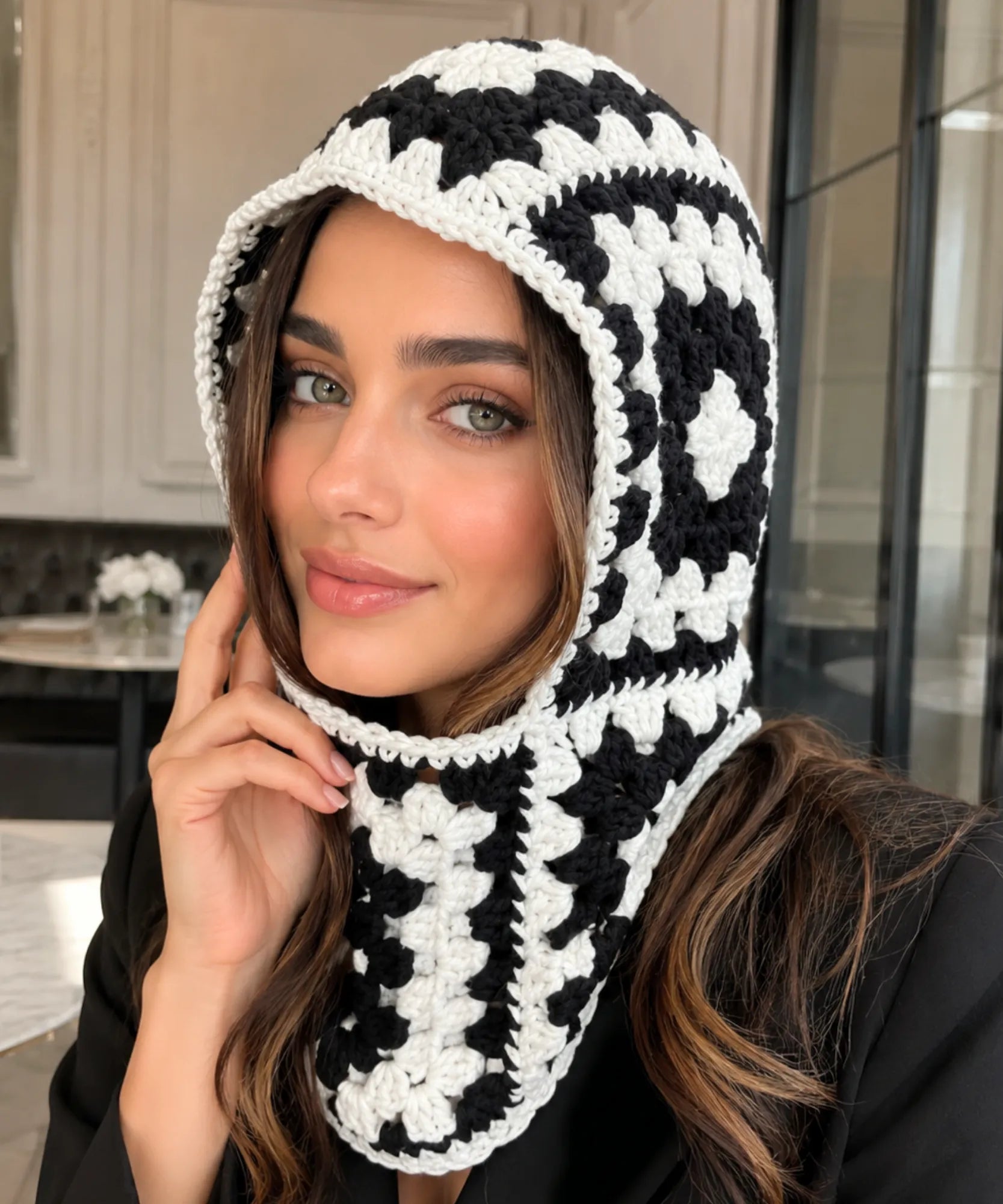 Comprar touca de crochê balaclava cobre pescoço fio espesso padrão floral fashion inverno promoção ANELLIMN 