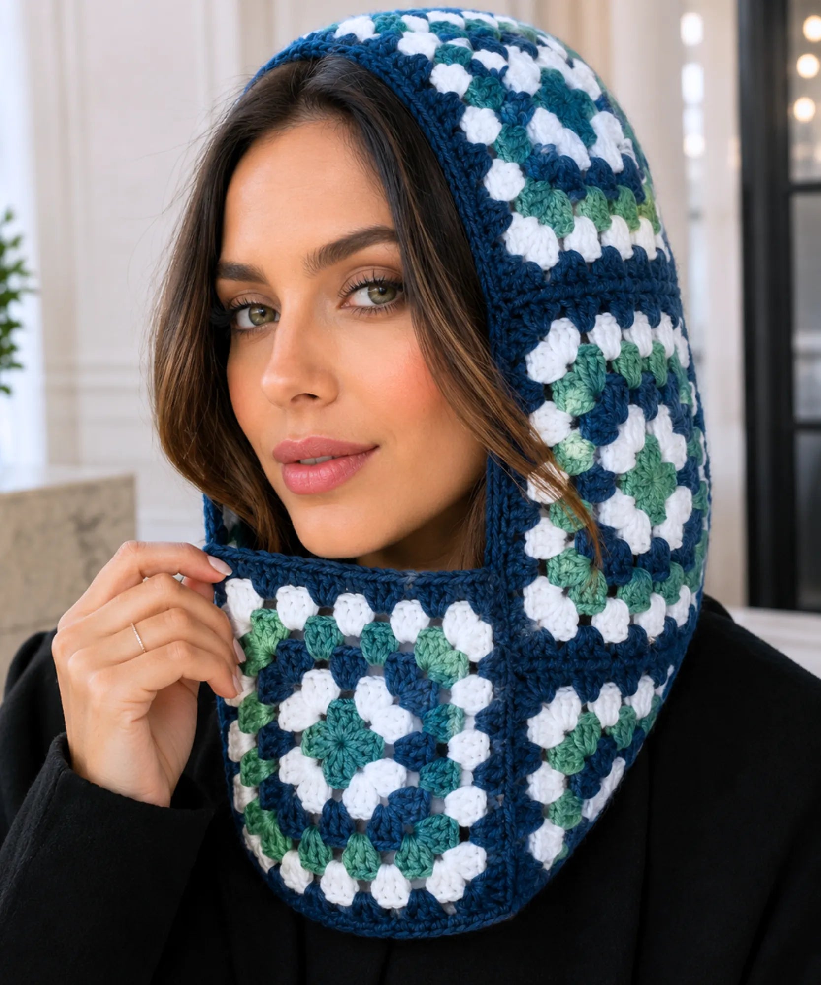 Comprar touca de crochê balaclava cobre pescoço fio espesso padrão floral fashion inverno promoção ANELLIMN 