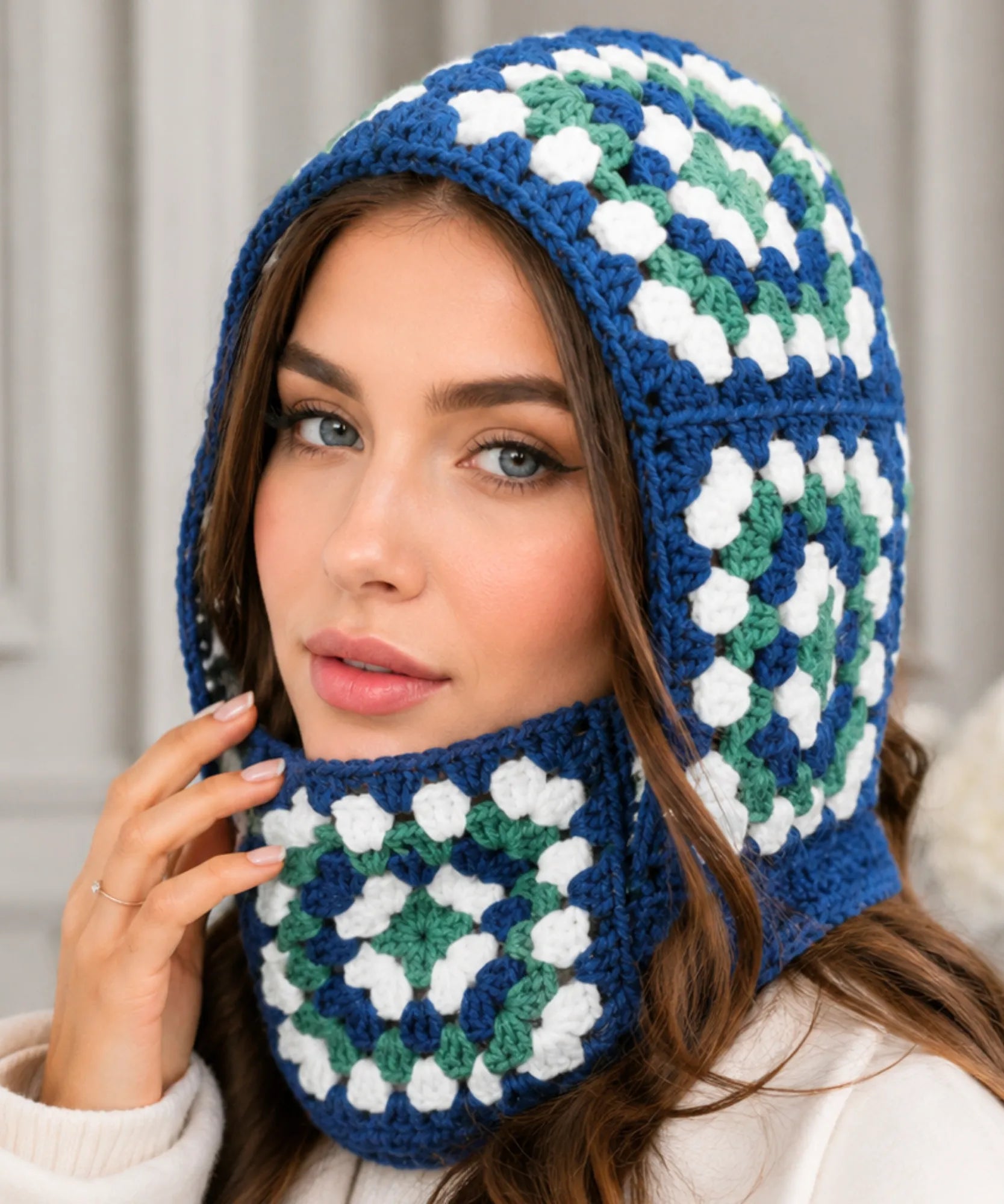 Comprar touca de crochê balaclava cobre pescoço fio espesso padrão floral fashion inverno promoção ANELLIMN 