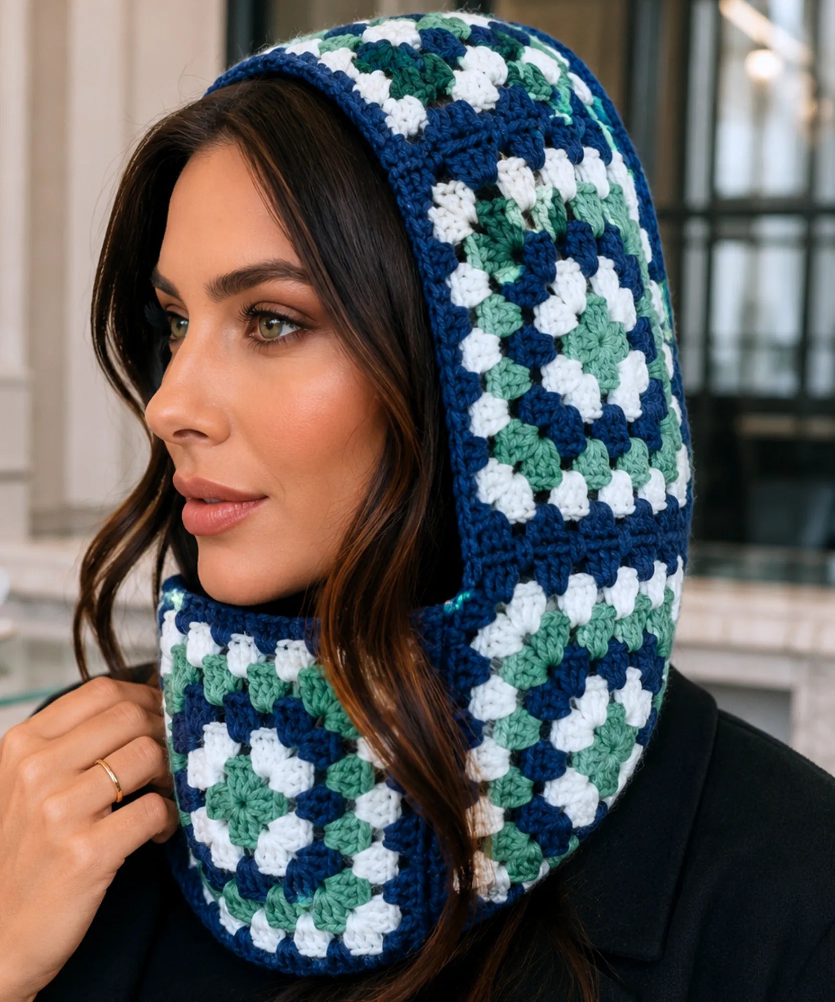 Comprar touca de crochê balaclava cobre pescoço fio espesso padrão floral fashion inverno promoção ANELLIMN 
