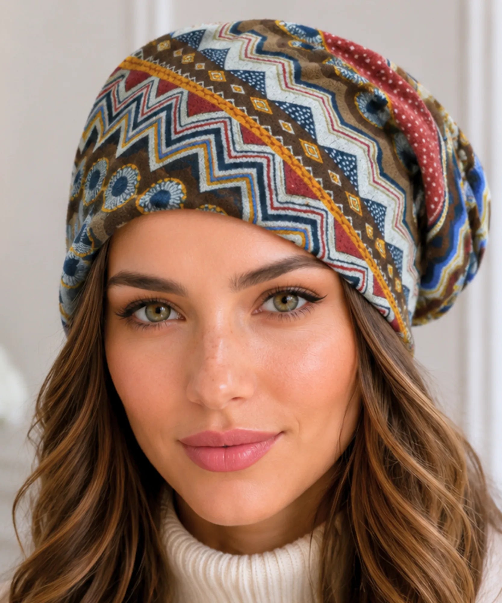 Comprar touca feminina estampada étnica geométrica algodão poliéster oversized elástica leve inverno verão em promoção ANELLIMN