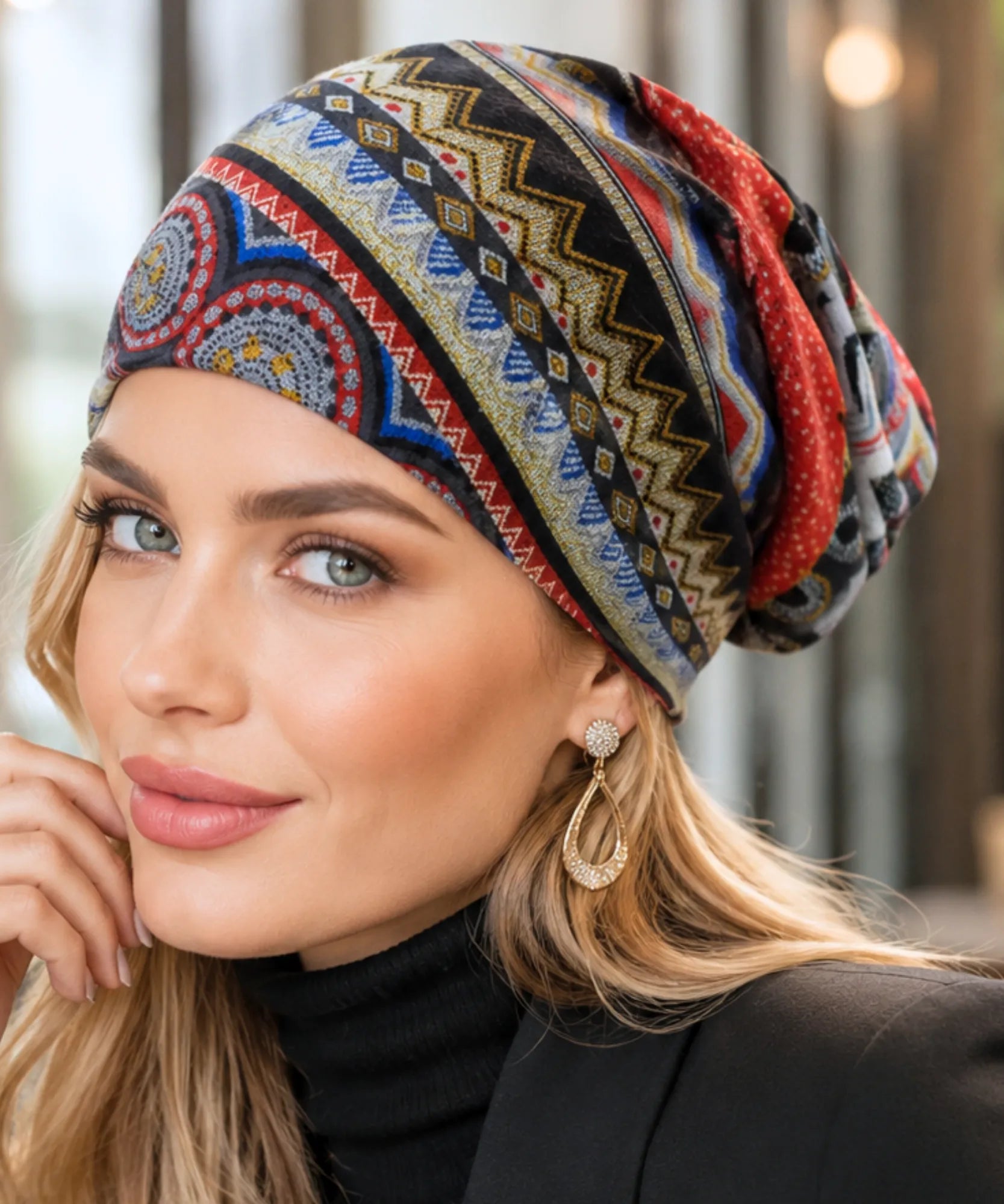 Comprar touca feminina estampada étnica geométrica algodão poliéster oversized elástica leve inverno verão em promoção ANELLIMN