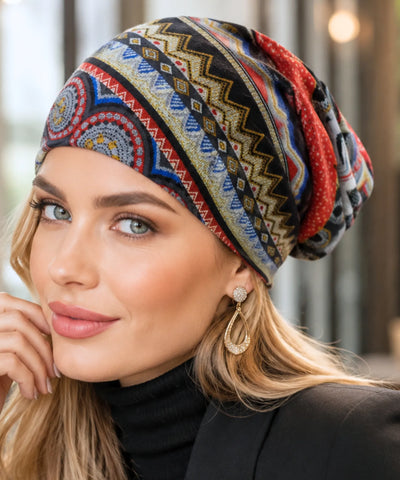 Comprar touca feminina estampada étnica geométrica algodão poliéster oversized elástica leve inverno verão em promoção ANELLIMN