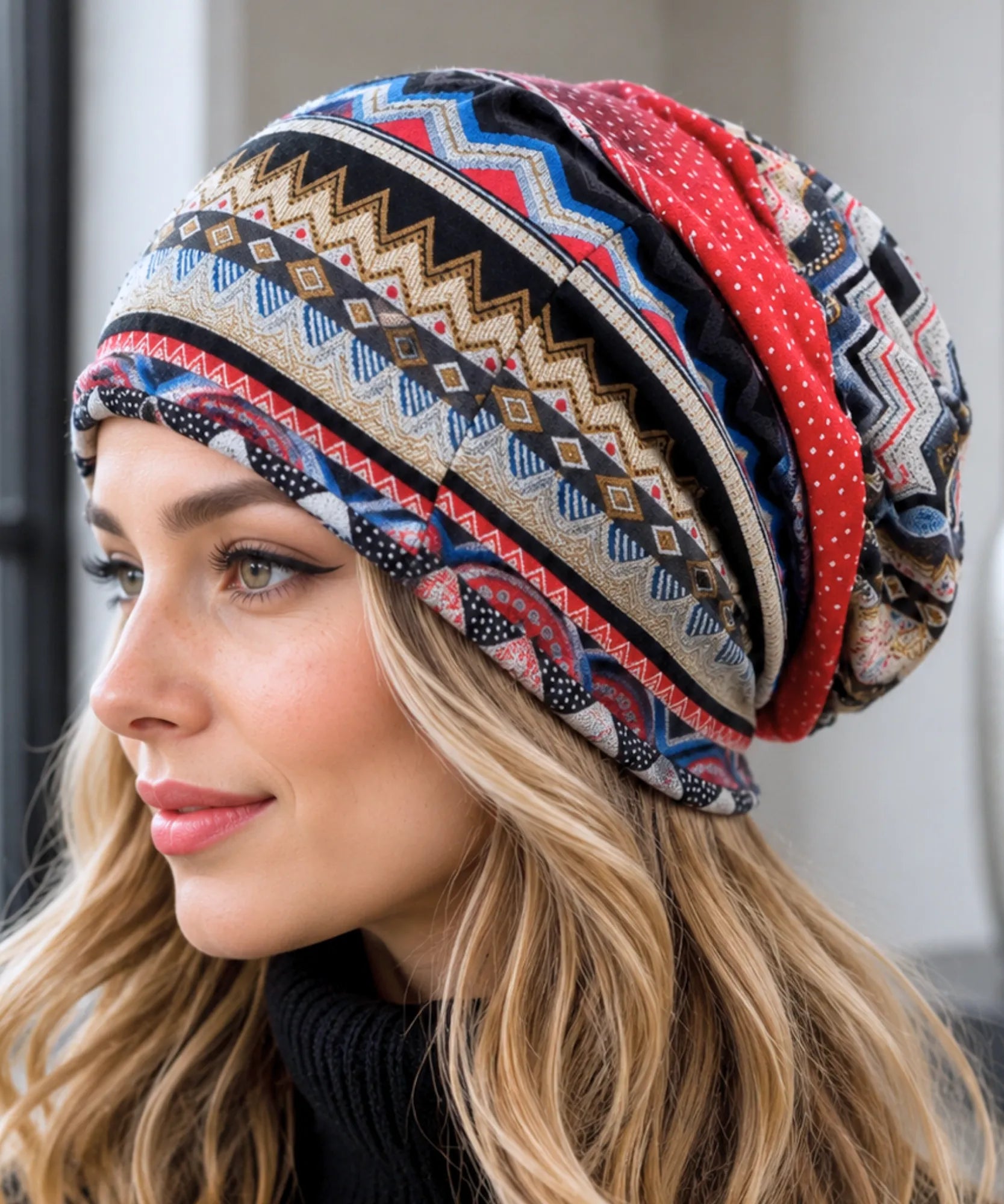 Comprar touca feminina estampada étnica geométrica algodão poliéster oversized elástica leve inverno verão em promoção ANELLIMN