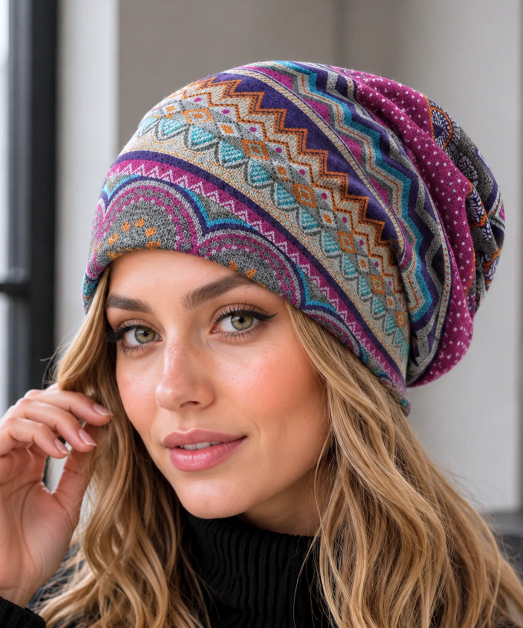 Comprar touca feminina estampada étnica geométrica algodão poliéster oversized elástica leve inverno verão em promoção ANELLIMN
