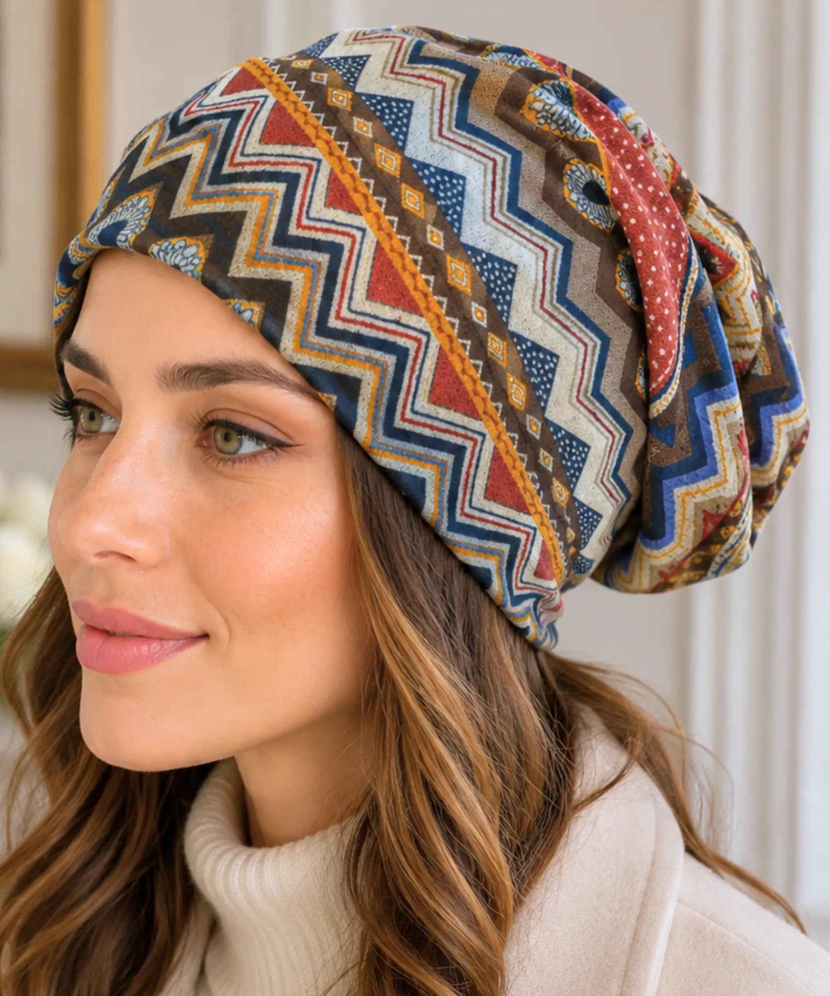 Comprar touca feminina estampada étnica geométrica algodão poliéster oversized elástica leve inverno verão em promoção ANELLIMN