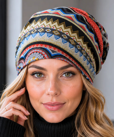 Comprar touca feminina estampada étnica geométrica algodão poliéster oversized elástica leve inverno verão em promoção ANELLIMN