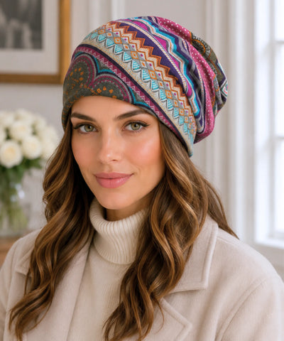 Comprar touca feminina estampada étnica geométrica algodão poliéster oversized elástica leve inverno verão em promoção ANELLIMN