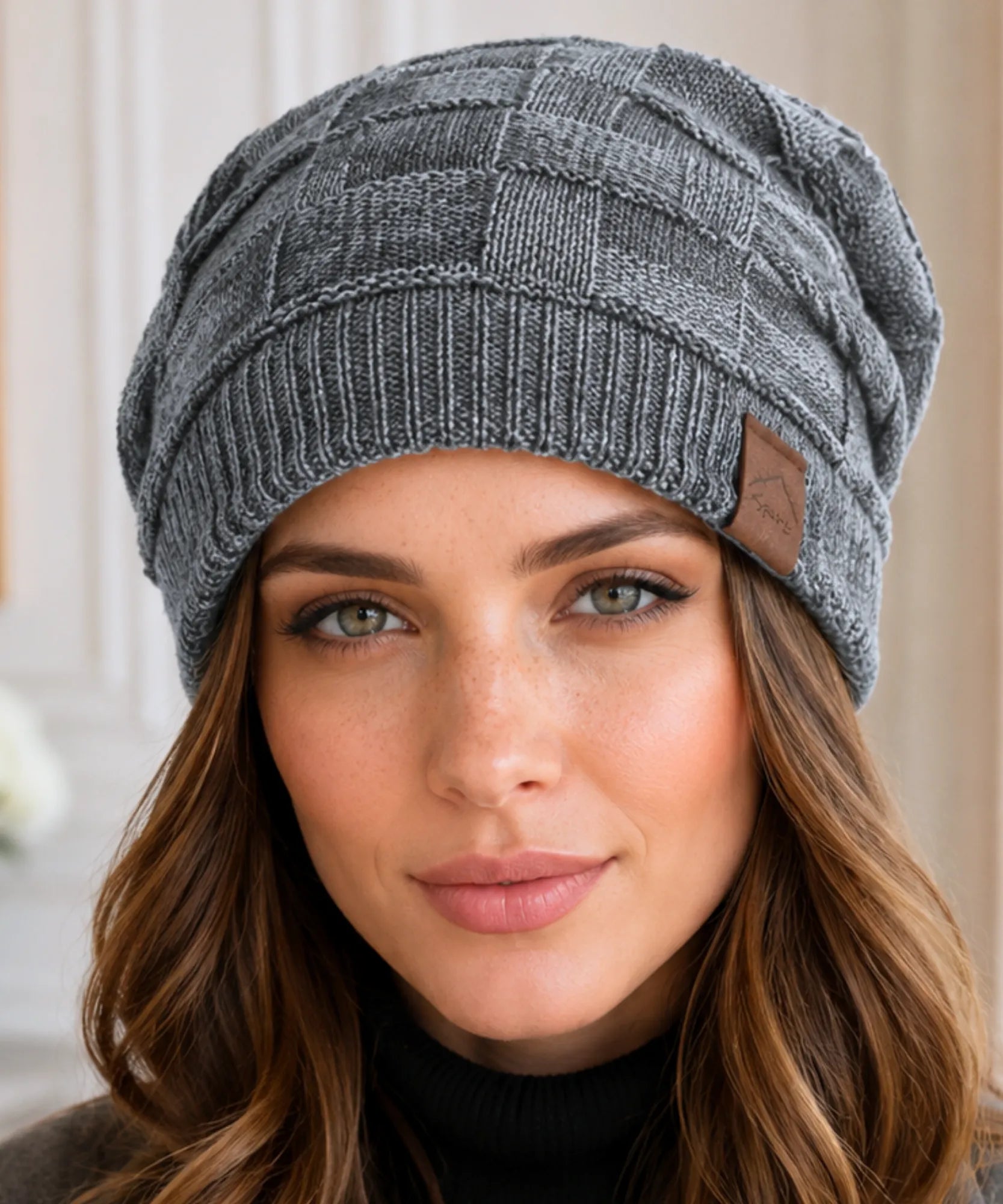 Comprar touca feminina oversized tricot xadrez forro veludo slouchy patch couro inverno macia elegante em promoção ANELLIMN