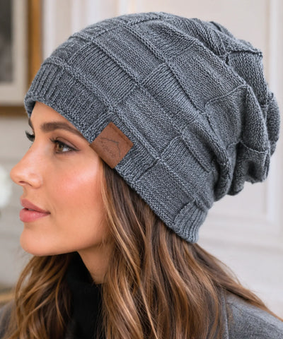 Comprar touca feminina oversized tricot xadrez forro veludo slouchy patch couro inverno macia elegante em promoção ANELLIMN