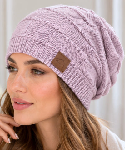 Comprar touca feminina oversized tricot xadrez forro veludo slouchy patch couro inverno macia elegante em promoção ANELLIMN