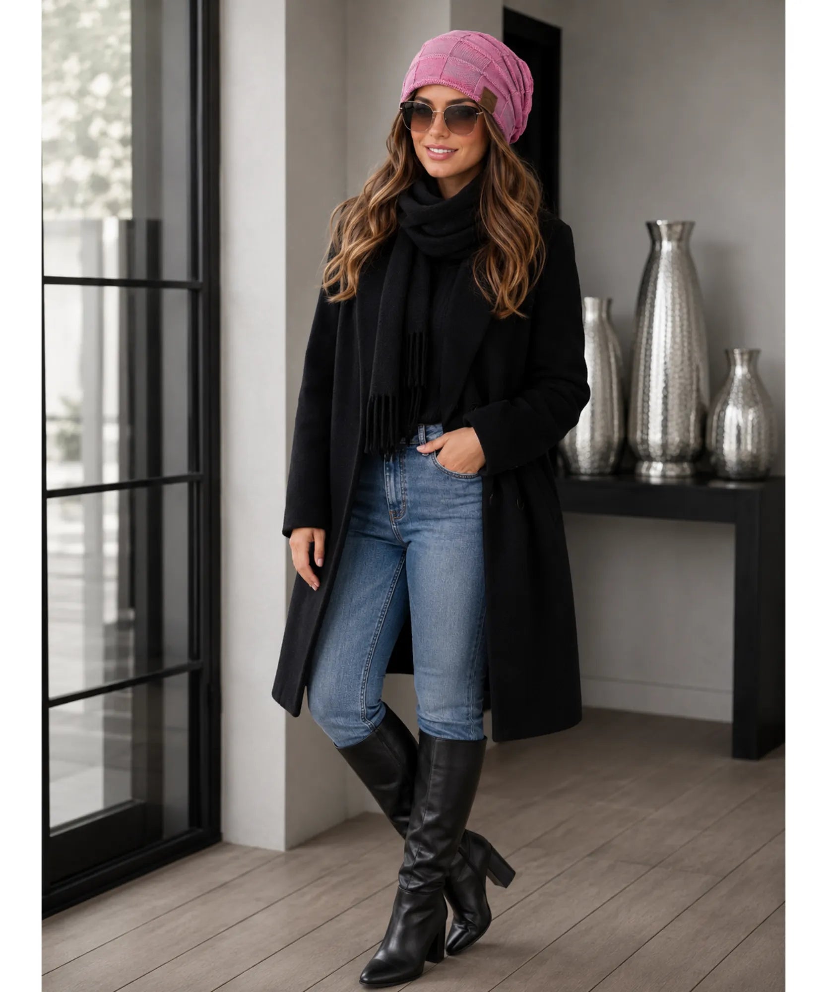 Comprar touca feminina oversized tricot xadrez forro veludo slouchy patch couro inverno macia elegante em promoção ANELLIMN