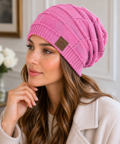 Comprar touca feminina oversized tricot xadrez forro veludo slouchy patch couro inverno macia elegante em promoção ANELLIMN