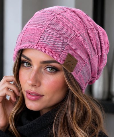 Comprar touca feminina oversized tricot xadrez forro veludo slouchy patch couro inverno macia elegante em promoção ANELLIMN
