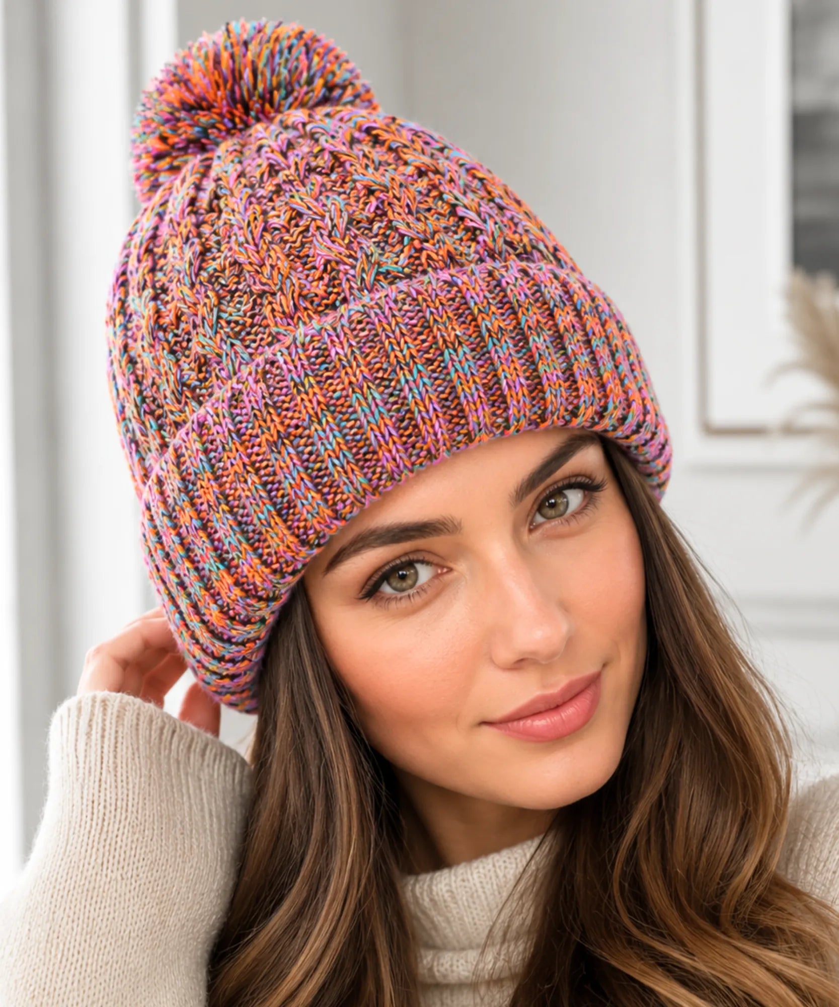 Comprar touca feminina tricô mesclado multicolorido pompom inverno stretch barato ANELLIMN
