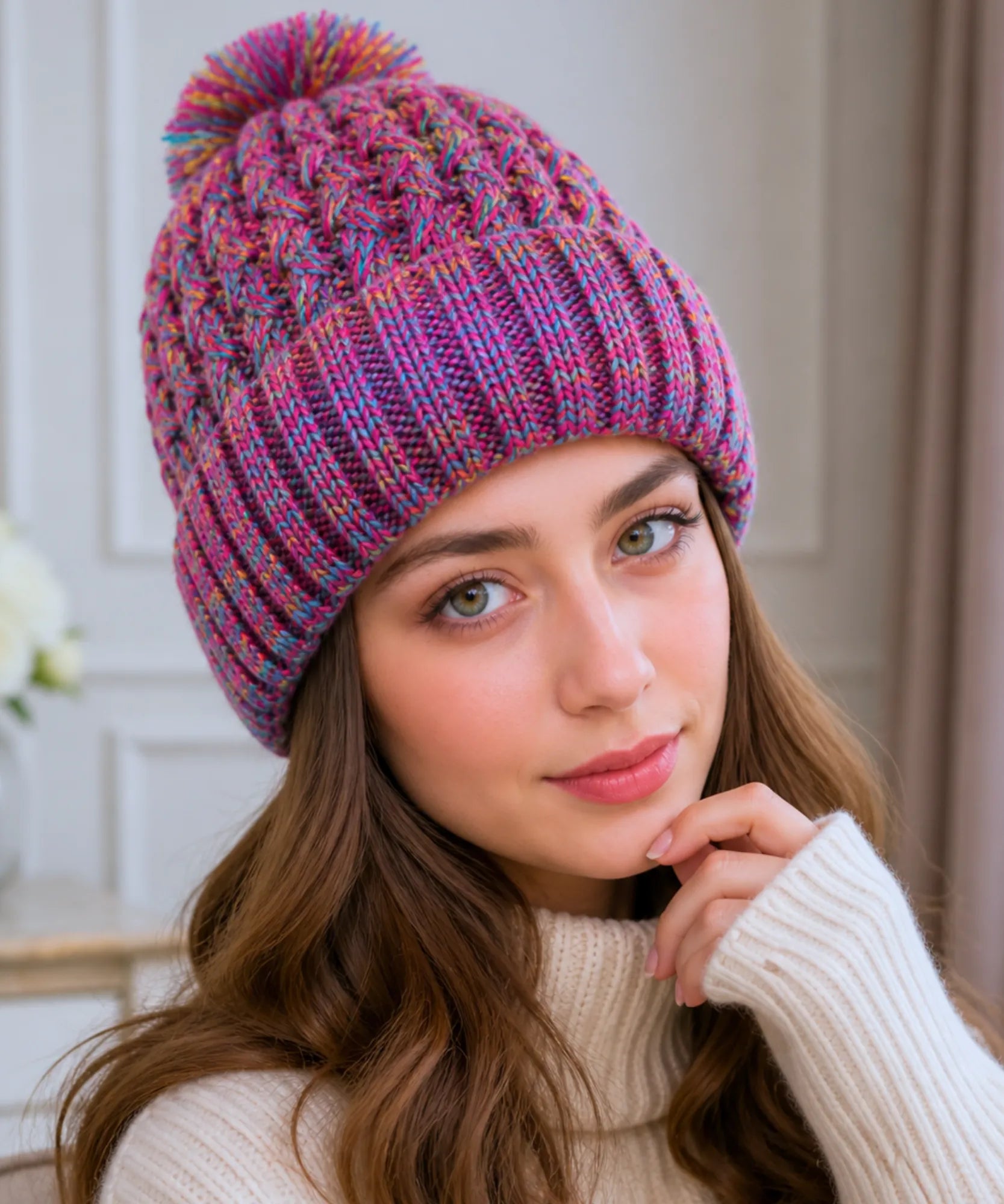 Comprar touca feminina tricô mesclado multicolorido pompom inverno stretch barato ANELLIMN