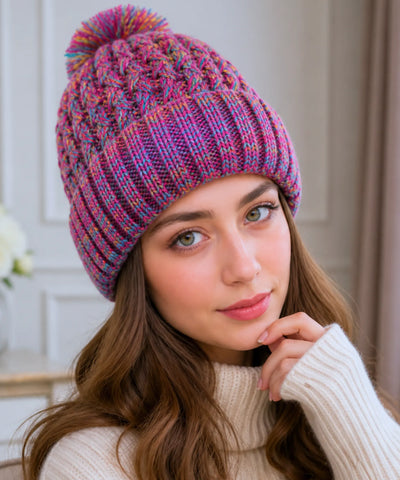 Comprar touca feminina tricô mesclado multicolorido pompom inverno stretch barato ANELLIMN