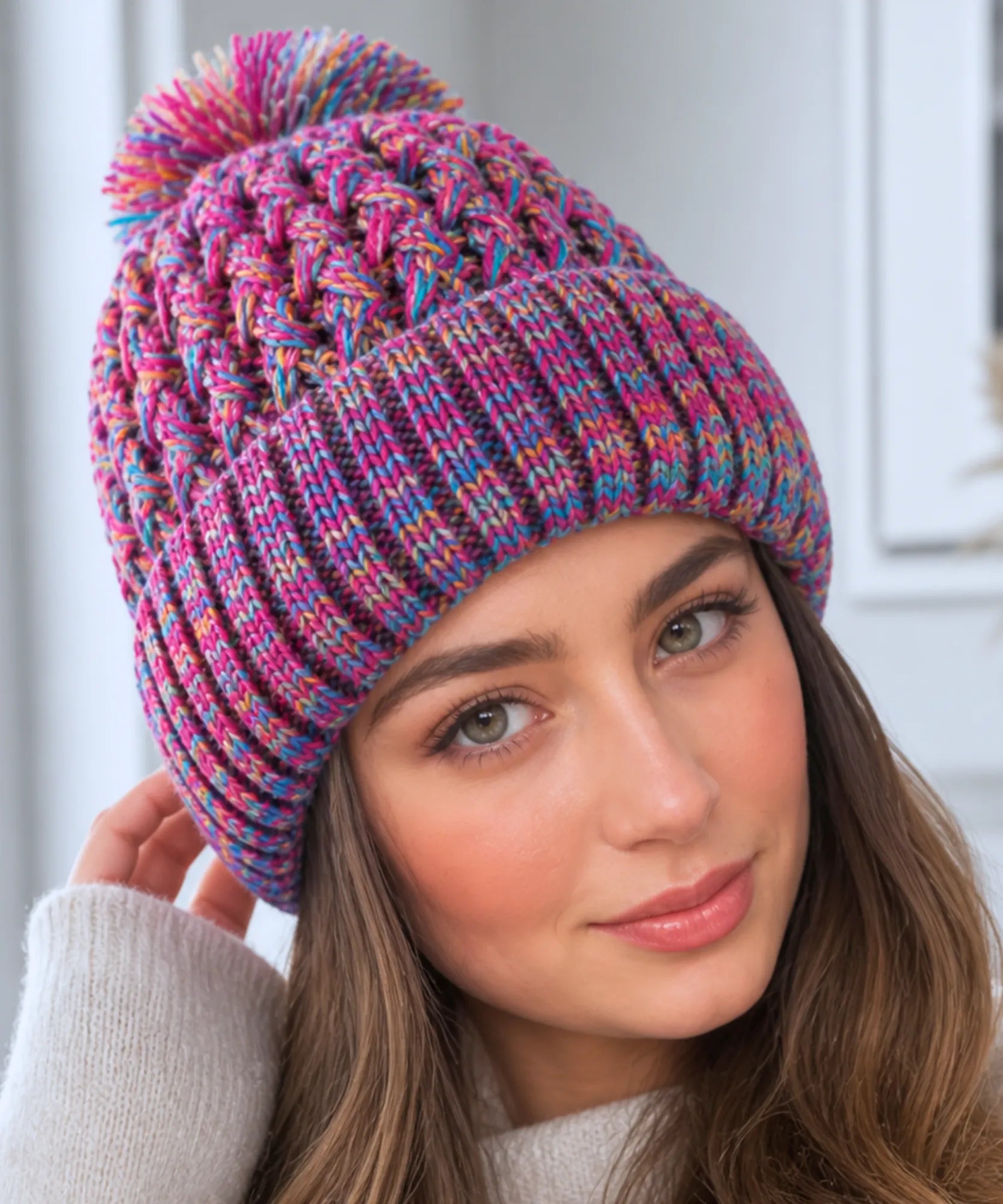 Comprar touca feminina tricô mesclado multicolorido pompom inverno stretch barato ANELLIMN