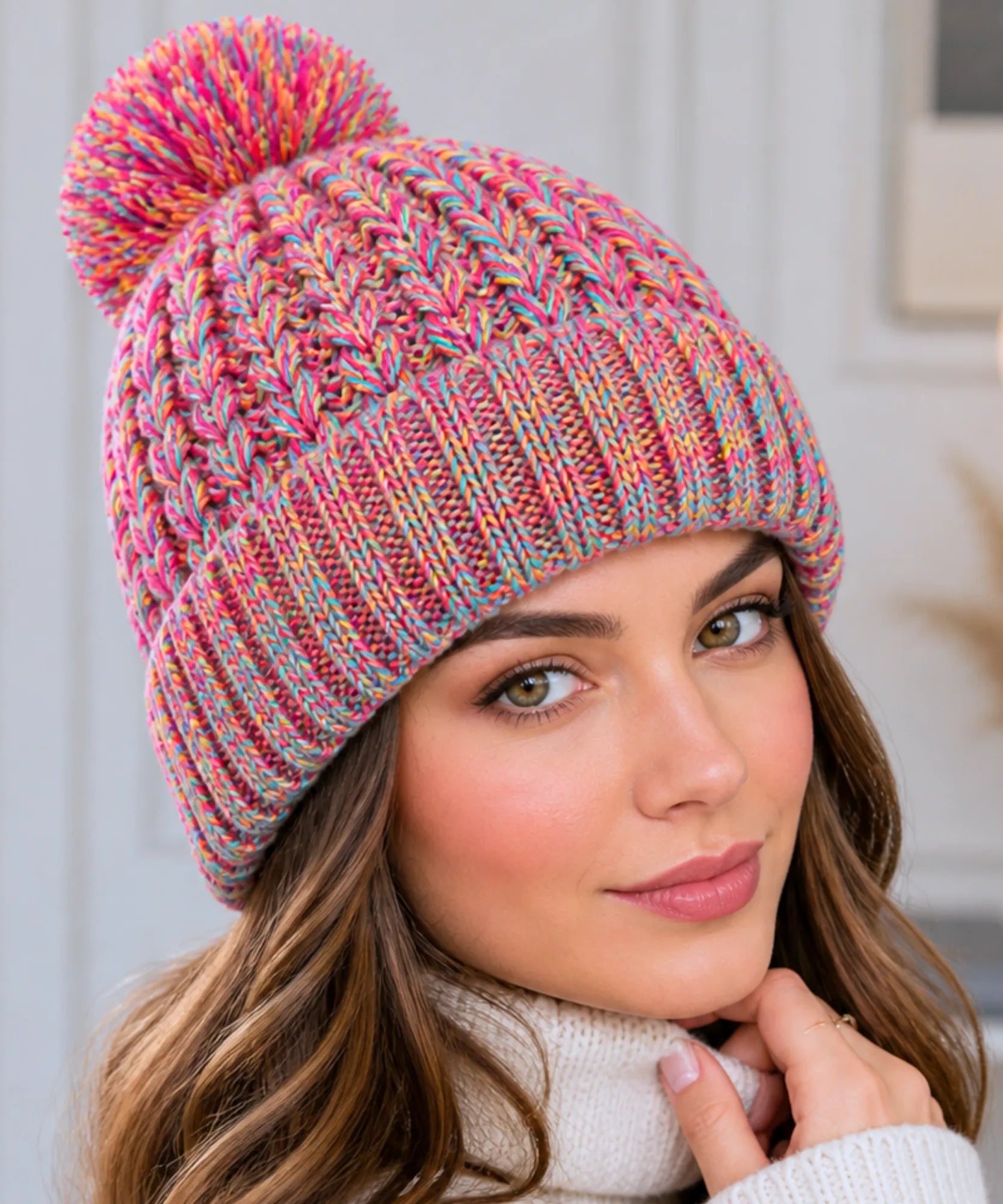 Comprar touca feminina tricô mesclado multicolorido pompom inverno stretch barato ANELLIMN