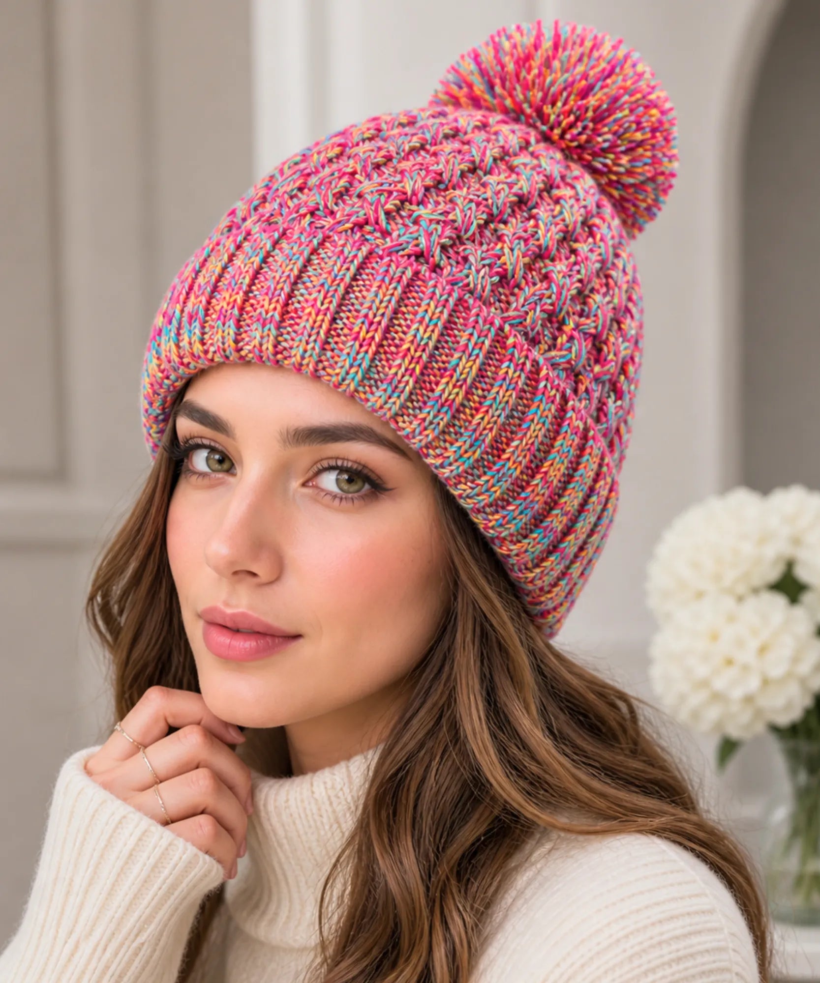 Comprar touca feminina tricô mesclado multicolorido pompom inverno stretch barato ANELLIMN