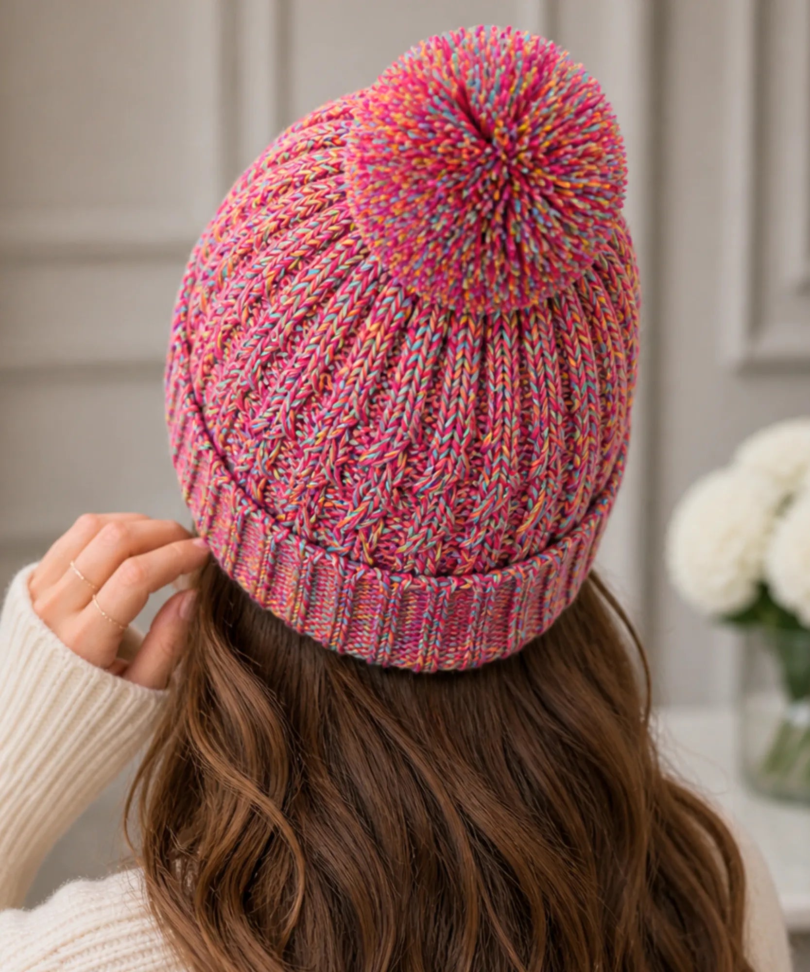 Comprar touca feminina tricô mesclado multicolorido pompom inverno stretch barato ANELLIMN