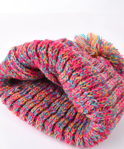 Comprar touca feminina tricô mesclado multicolorido pompom inverno stretch barato ANELLIMN