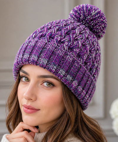 Comprar touca feminina tricô mesclado multicolorido pompom inverno stretch barato ANELLIMN
