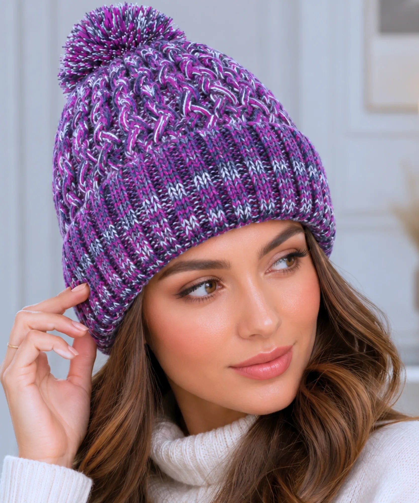 Comprar touca feminina tricô mesclado multicolorido pompom inverno stretch barato ANELLIMN