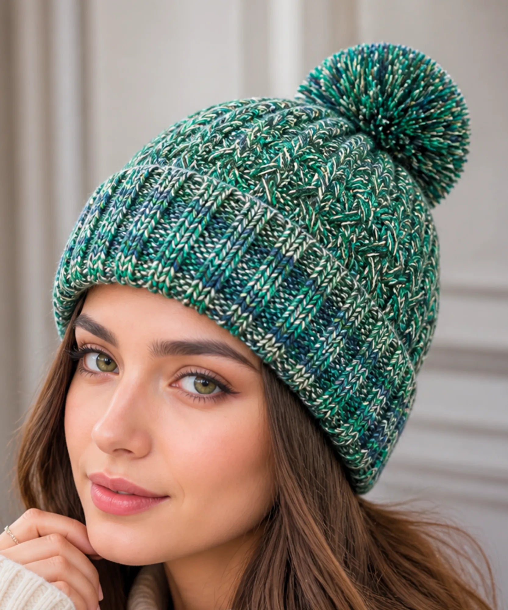 Comprar touca feminina tricô mesclado multicolorido pompom inverno stretch barato ANELLIMN