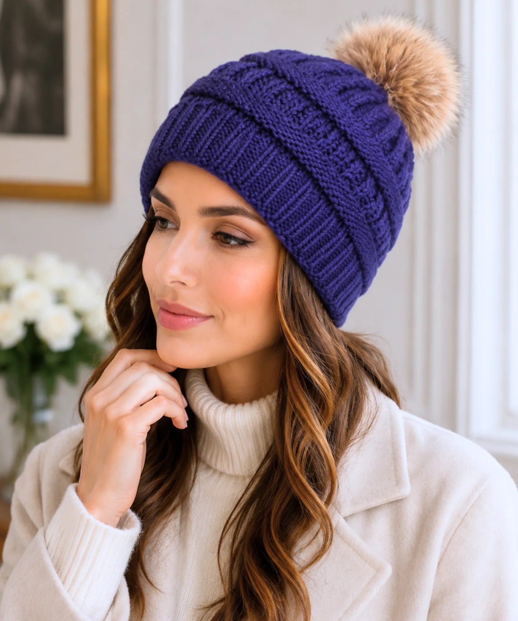 Comprar touca feminina tricot pompom pelúcia forro fleece canelada trançada inverno  ANELLIMN