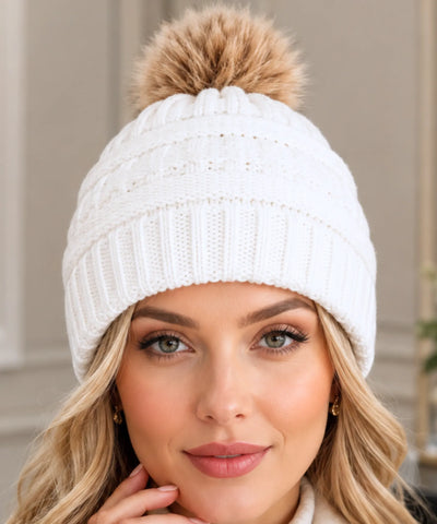 Comprar touca feminina tricot pompom pelúcia forro fleece canelada trançada inverno  ANELLIMN