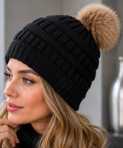 Comprar touca feminina tricot pompom pelúcia forro fleece canelada trançada inverno  ANELLIMN