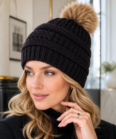 Comprar touca feminina tricot pompom pelúcia forro fleece canelada trançada inverno  ANELLIMN