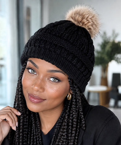 Comprar touca feminina tricot pompom pelúcia forro fleece canelada trançada inverno  ANELLIMN