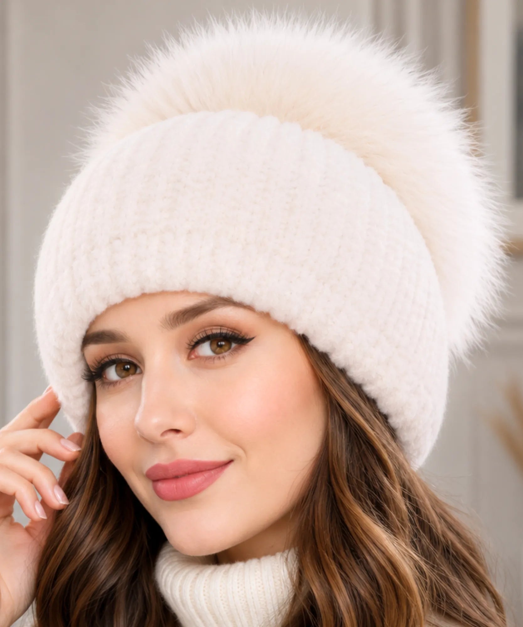 Comprar touca feminina tricot com pompom térmica antialérgica dupla proteção frio extremo inverno em promoção ANELLIMN 