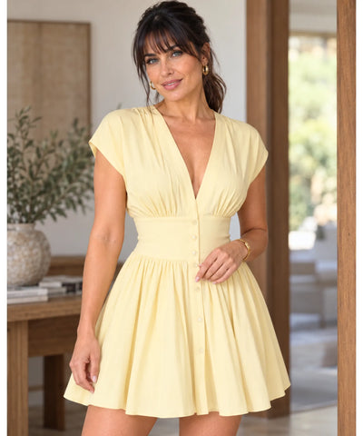 Comprar vestido acinturado decote V sem manga amarelo manteiga barato Anellimn