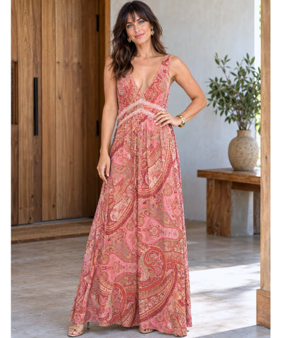 Comprar vestido boho chic longo estampado terracota em promoção Anellimn