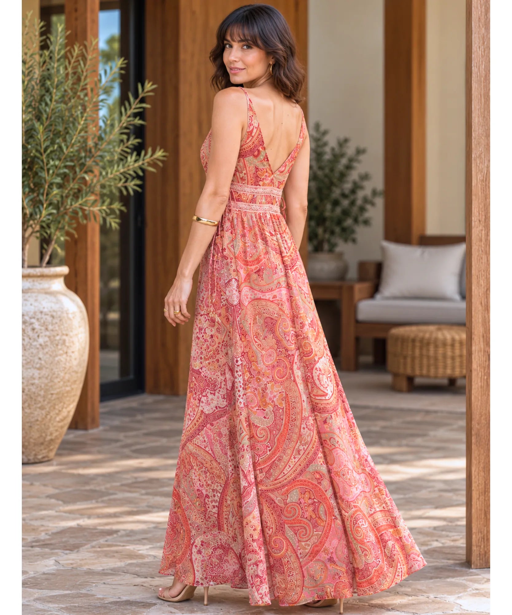 Comprar vestido boho chic longo terracota costas com alças finas em promoção Anellimn