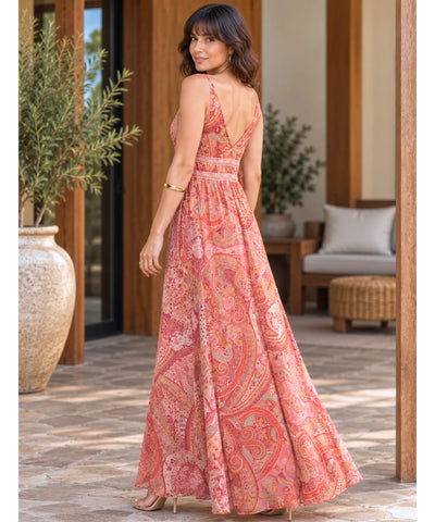 Comprar vestido boho chic longo terracota costas com alças finas em promoção Anellimn